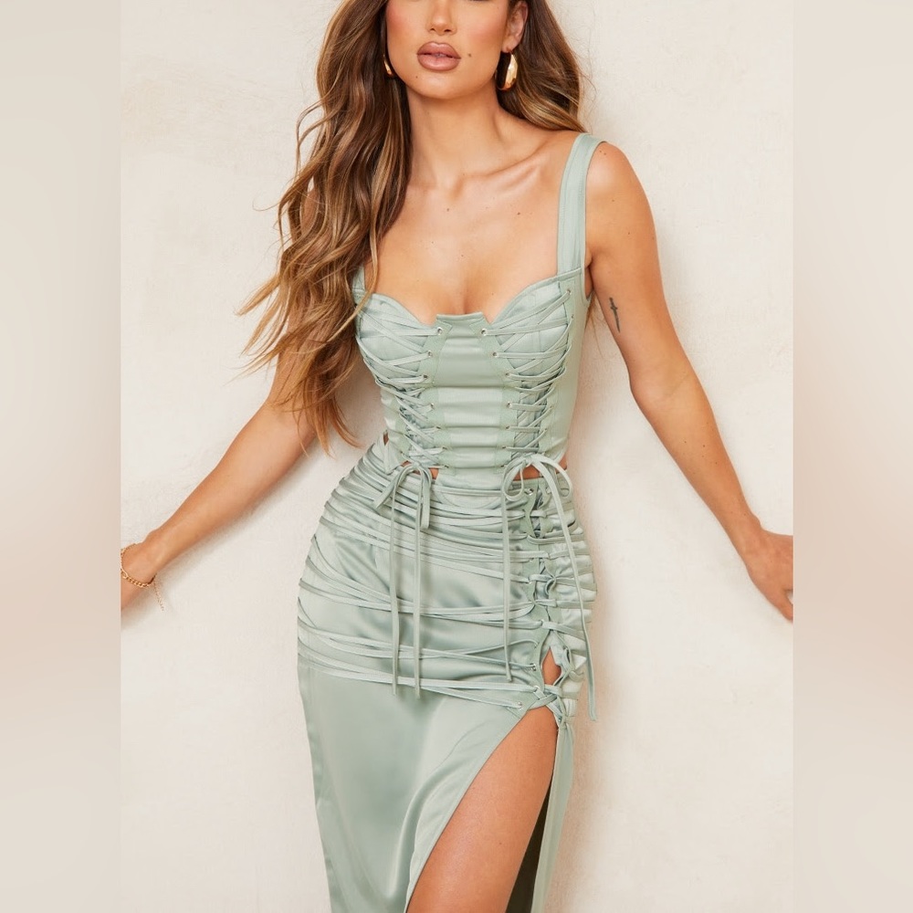 PLT Sage Khaki Satin Lace Up top + bottom